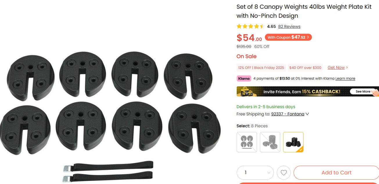 Set of 8 Canopy Weights 40lbs Weight Plate Kit with No-Pinch Design
