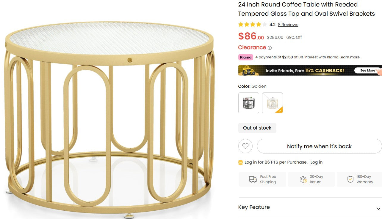 24 Inch Round Coffee Table with Reeded Tempered Glass Top and Oval Swivel Brackets