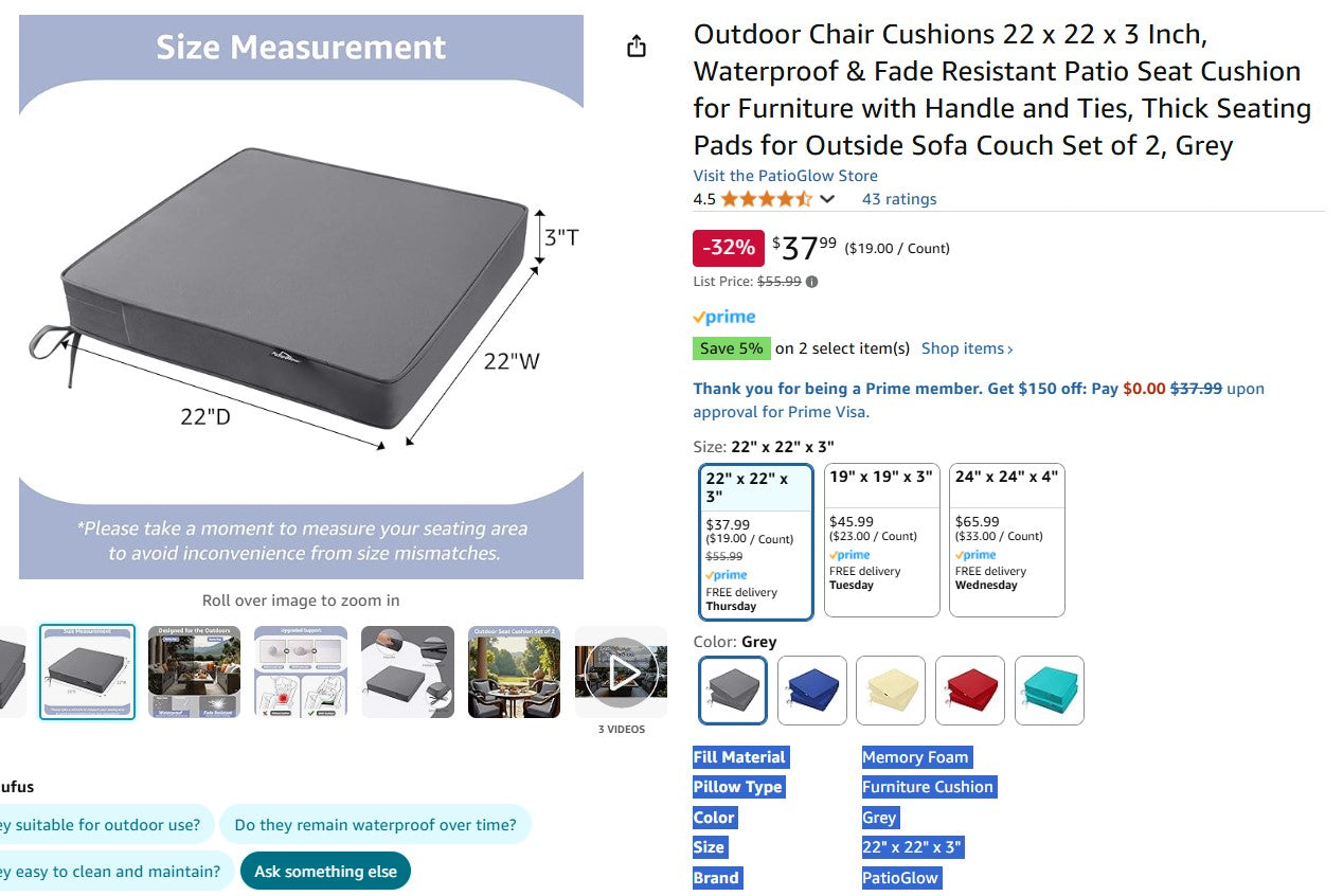 Set of 2 Outdoor Chair Cushions 22 x 22 x 3 Inch, Waterproof & Fade Resistant