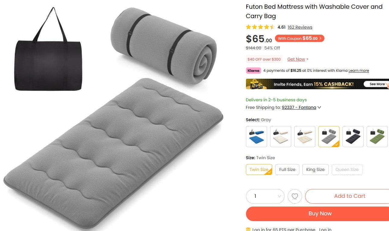 Futon Bed Mattress with Washable Cover and Carry Bag