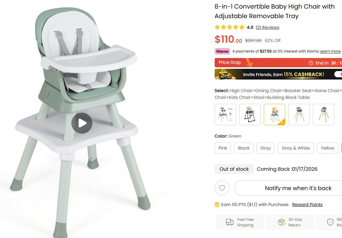 8-in-1 Convertible Baby High Chair with Adjustable Removable Tray