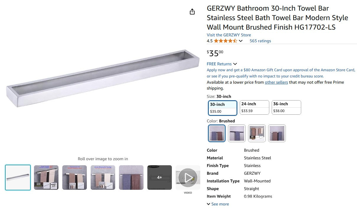 GERZWY Bathroom 30-Inch Towel Bar Stainless Steel Bath Towel Bar