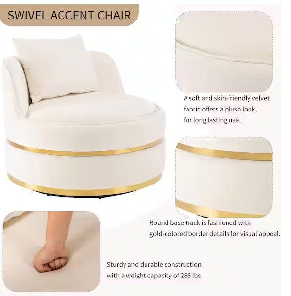 Beige Soft Velvet 360° Swivel Accent Chair, Barrel Chair with Pillow
