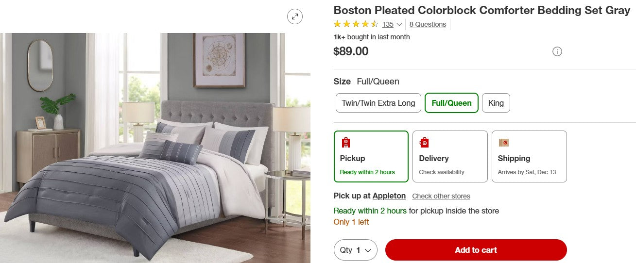 Boston Pleated Colorblock Comforter Bedding Set Gray - Queen