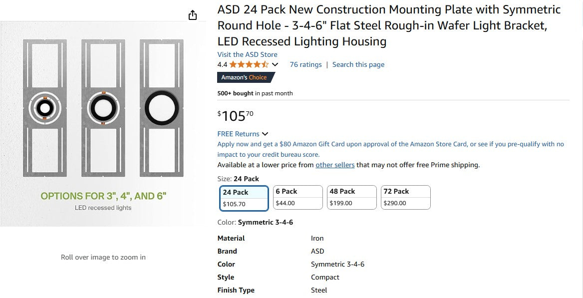 ASD 24 Pack New Construction Mounting Plate with Symmetric Round Hole - 3-4-6" Flat Steel