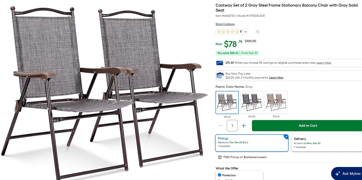 Costway Set of 2 Gray Steel Frame Stationary Balcony Chair with Gray Solid Seat