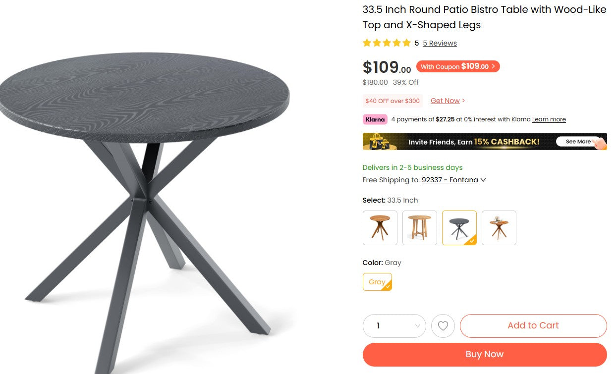 33.5 Inch Round Patio Bistro Table with Wood-Like Top and X-Shaped Legs