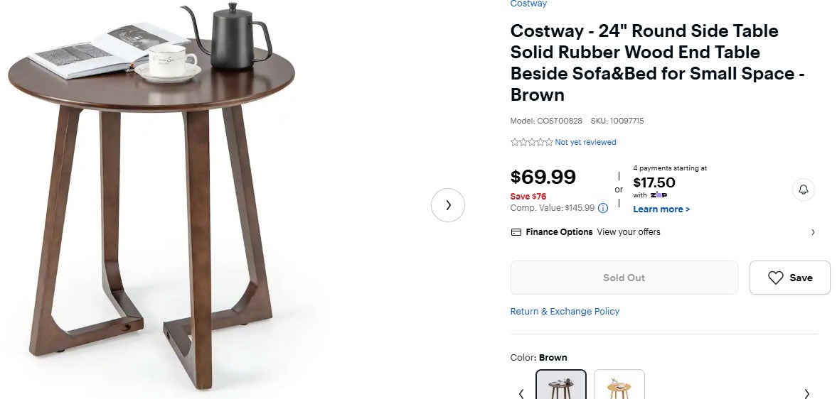 Costway - 24" Round Side Table Solid Rubber Wood End Table