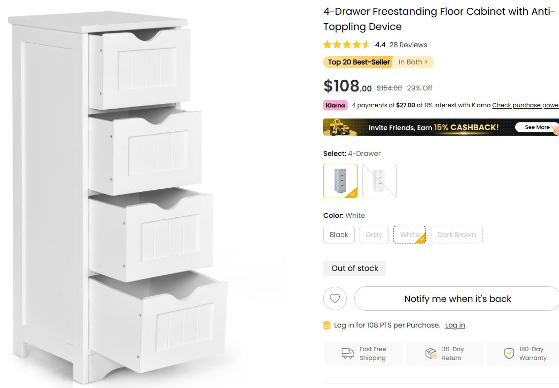 4-Drawer Freestanding Floor Cabinet with Anti-Toppling Device