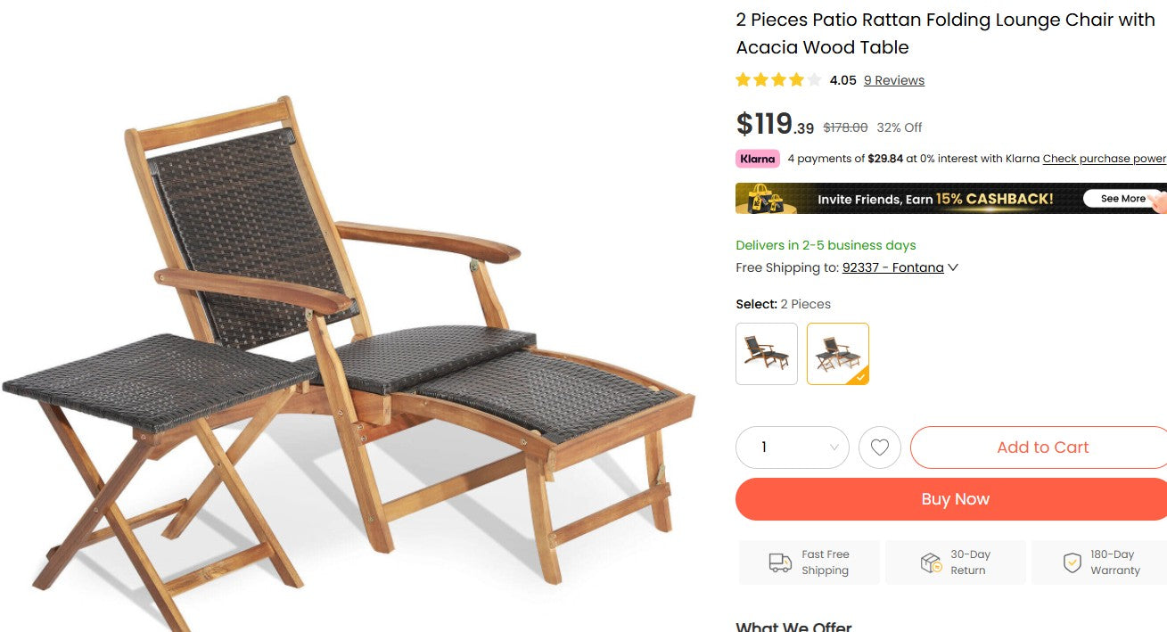 2 Pieces Patio Rattan Folding Lounge Chair with Acacia Wood Table