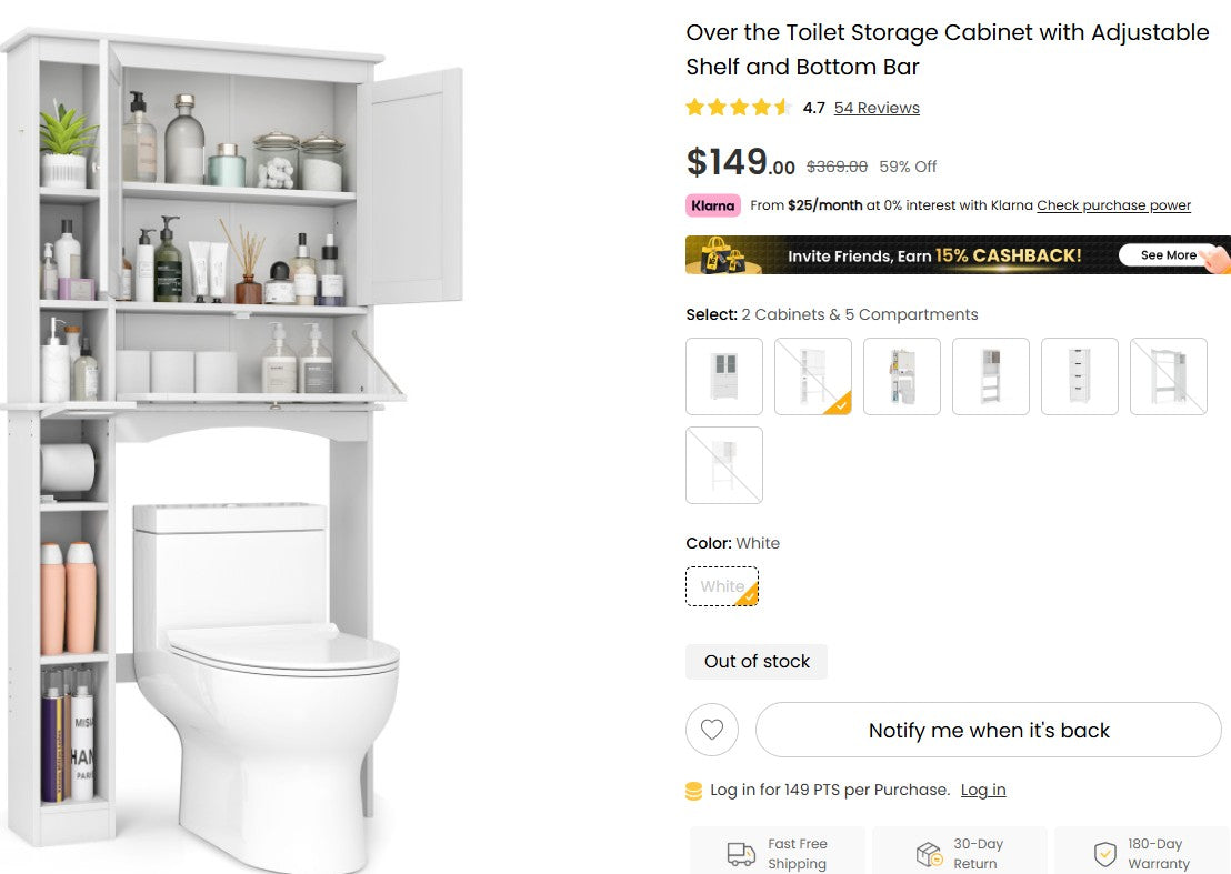 Over the Toilet Storage Cabinet with Adjustable Shelf and Bottom Bar