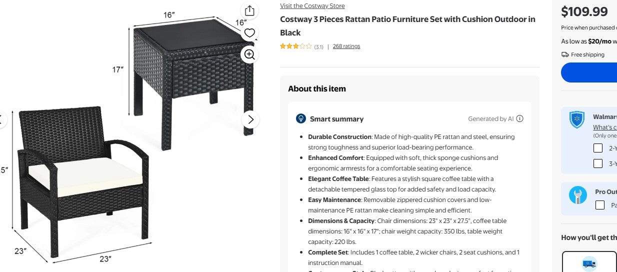 Costway 3 Pieces Rattan Patio Furniture Set with Cushion Outdoor in Black