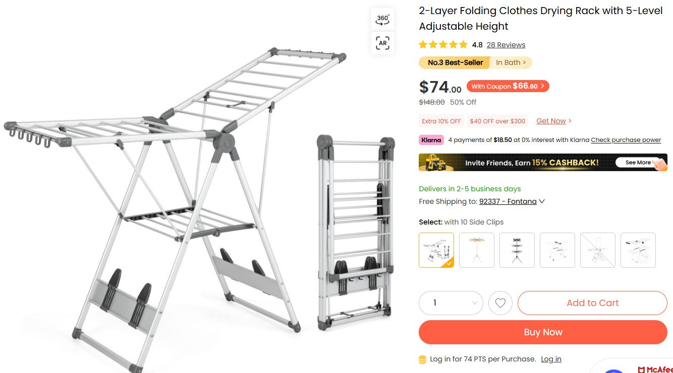 2-Layer Folding Clothes Drying Rack with 5-Level Adjustable Height