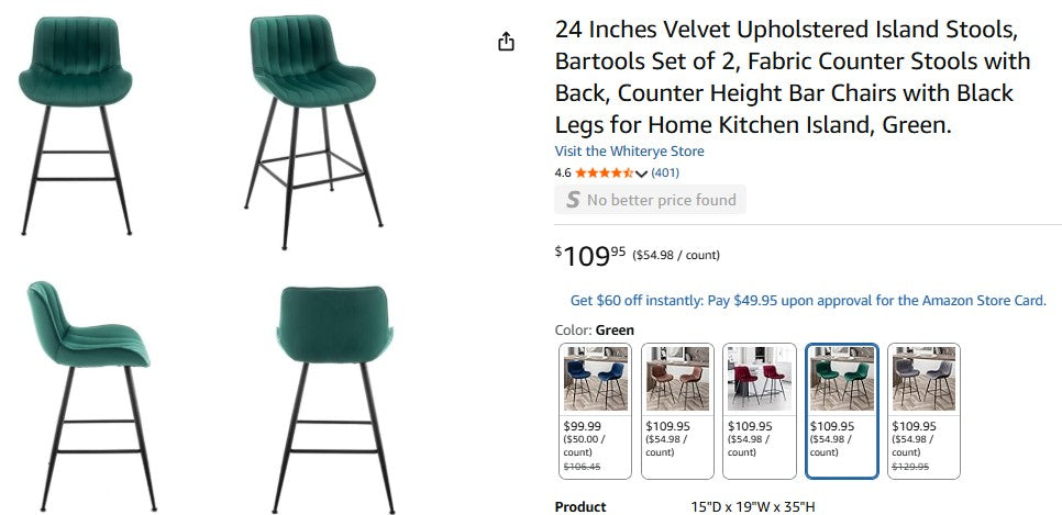 24 Inches Velvet Upholstered Island Stools, Bartools Set of 2, Fabric Counter Stools with Back