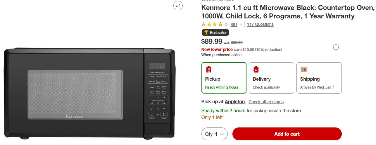 Kenmore 1.1 cu ft Microwave Black: Countertop Oven, 1000W, Child Lock, 6 Programs