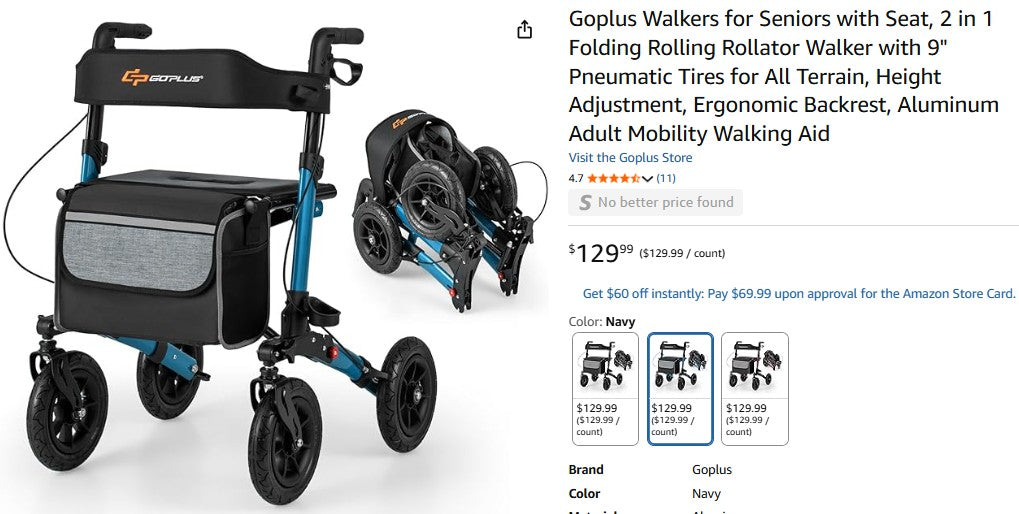 Goplus Walkers for Seniors with Seat, 2 in 1 Folding Rolling Rollator Walker with 9" Pneumatic Tires
