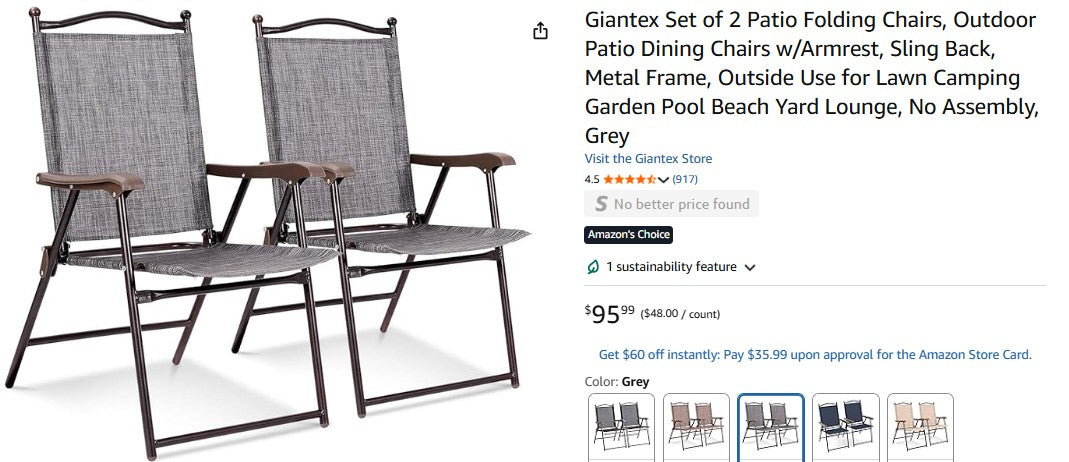 Giantex Set of 2 Patio Folding Chairs, Outdoor Patio Dining Chairs w/Armrest, Sling Back