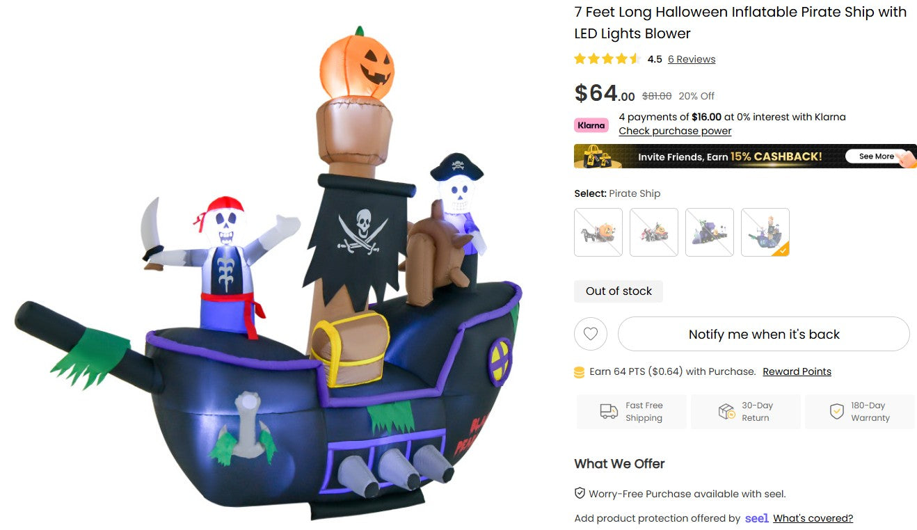 7 Feet Long Halloween Inflatable Pirate Ship with LED Lights Blower