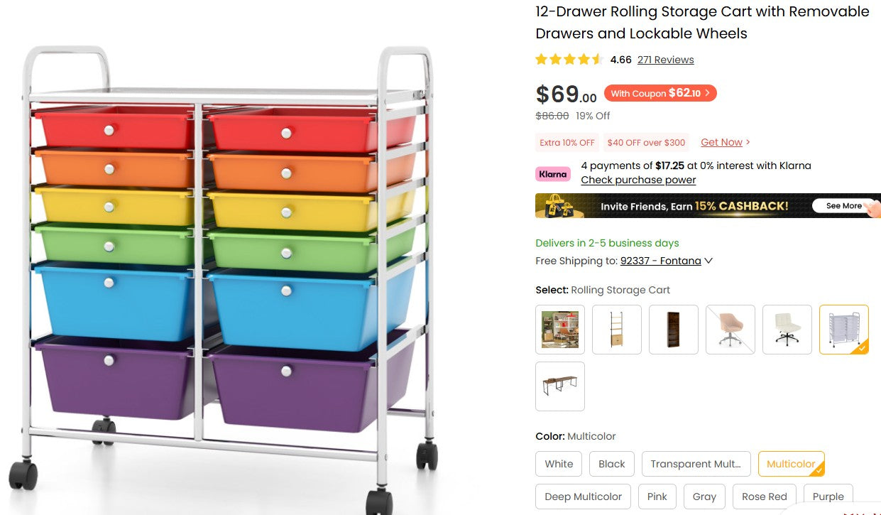 12-Drawer Rolling Storage Cart with Removable Drawers and Lockable Wheels