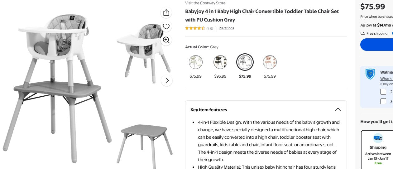 Babyjoy 4 in 1 Baby High Chair Convertible Toddler Table Chair Set with PU Cushion Gray