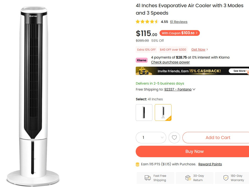 41 Inches Evaporative Air Cooler with 3 Modes and 3 Speeds