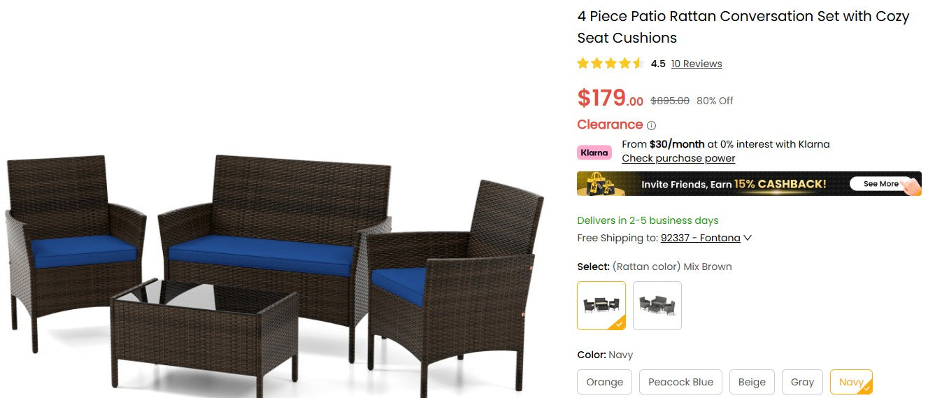 4 Piece Patio Rattan Conversation Set with Cozy Seat Cushions