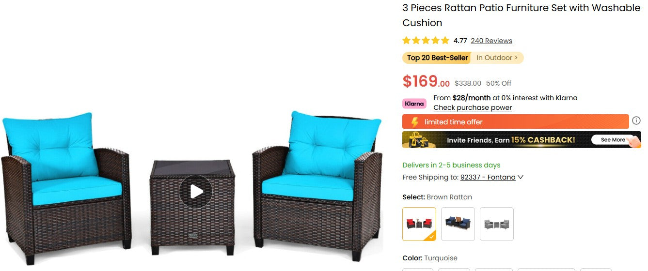 3 Pieces Rattan Patio Furniture Set with Washable Cushion