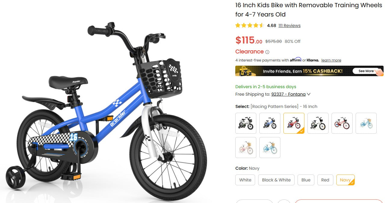 16 Inch Kids Bike with Removable Training Wheels for 4-7 Years Old Costway