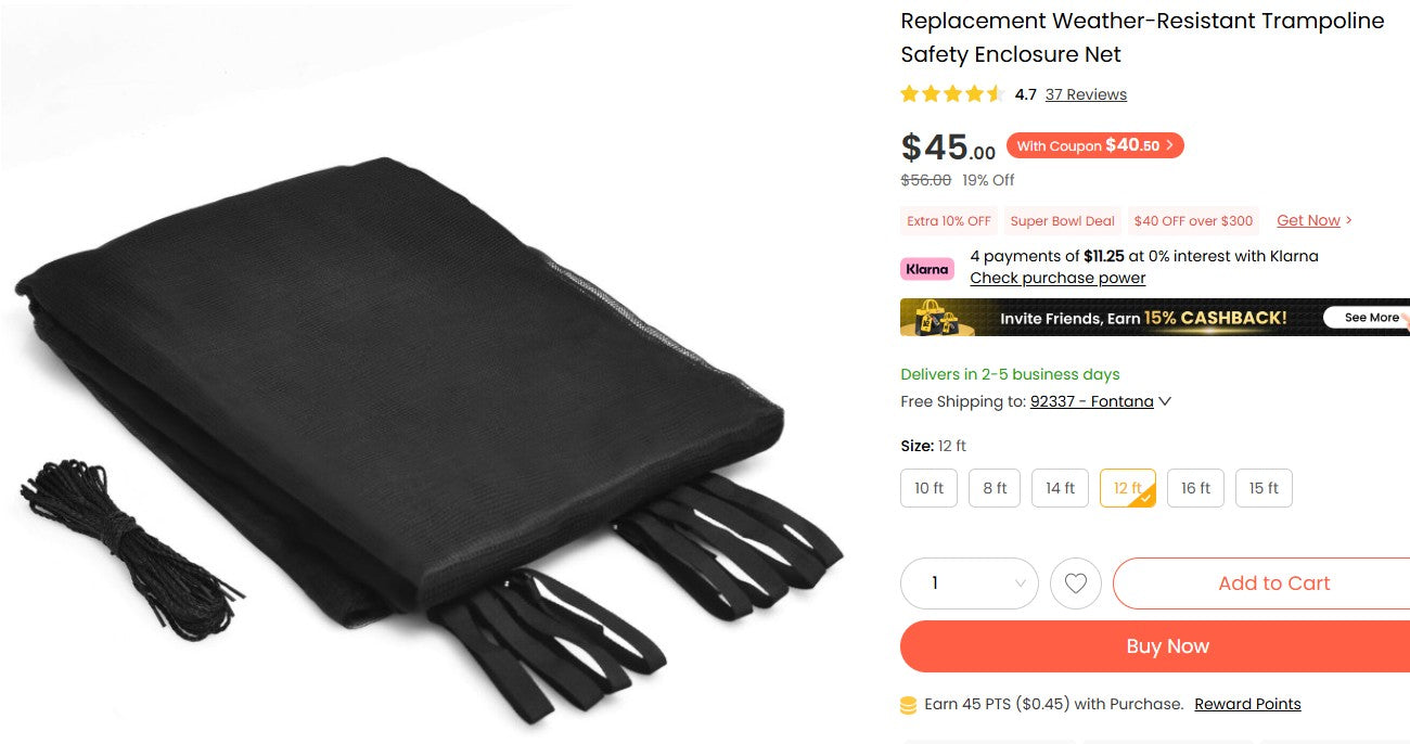 12' Replacement Weather-Resistant Trampoline Safety Enclosure Net Costway