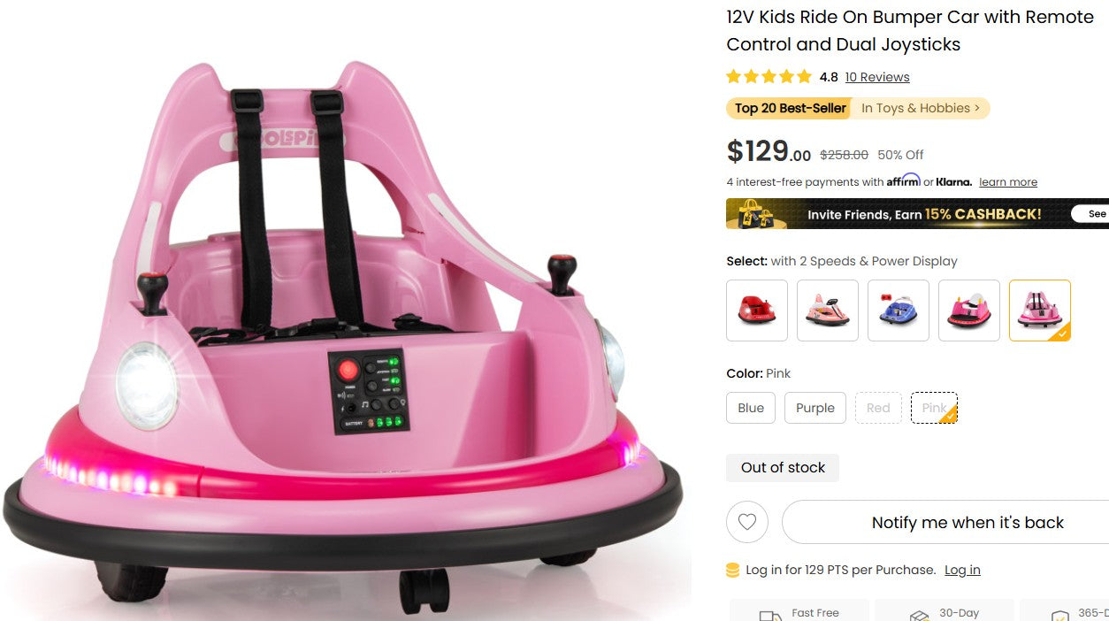 12V Kids Ride On Bumper Car with Remote Control and Dual Joysticks Costway