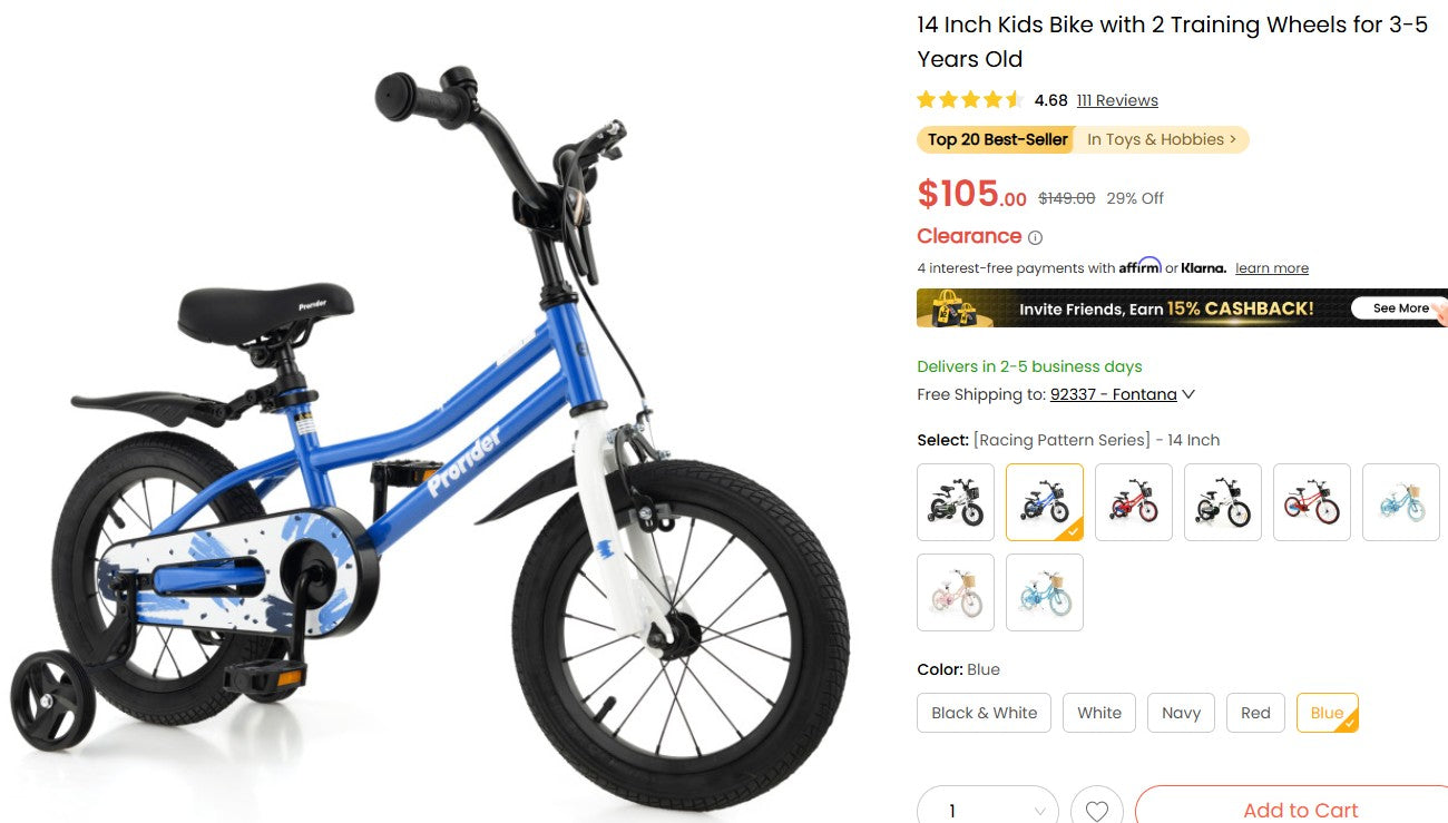 14 Inch Kids Bike with 2 Training Wheels for 3-5 Years Old Costway