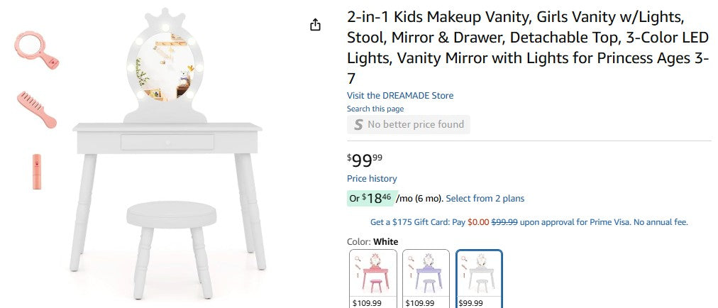 2-in-1 Kids Makeup Vanity, Girls Vanity w/Lights, Stool, Mirror & Drawer, Costway