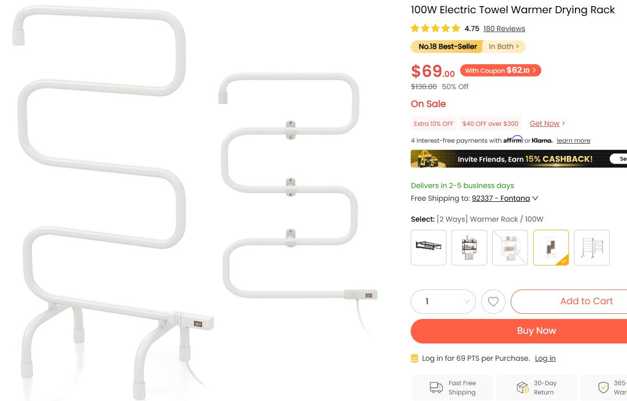 100W Electric Towel Warmer Drying Rack Costway