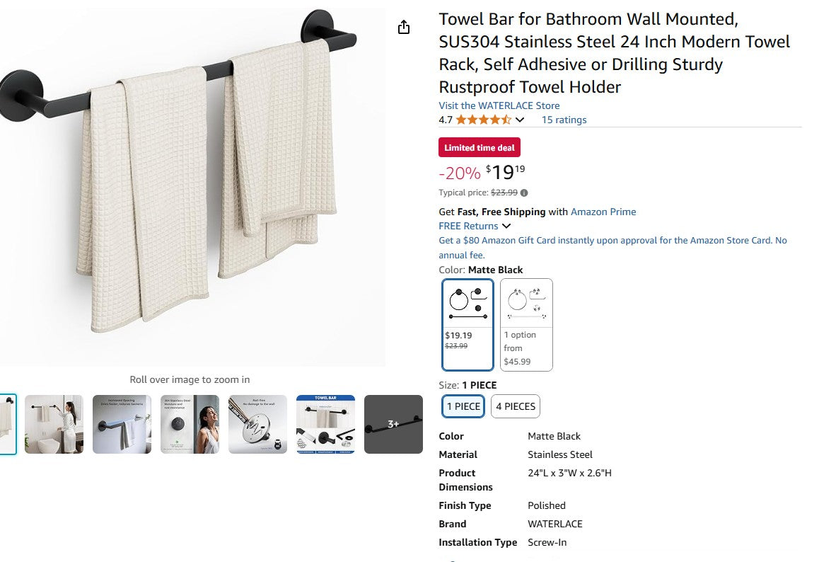 Towel Bar for Bathroom Wall Mounted, Stainless Steel 24 Inch Modern Towel Rack