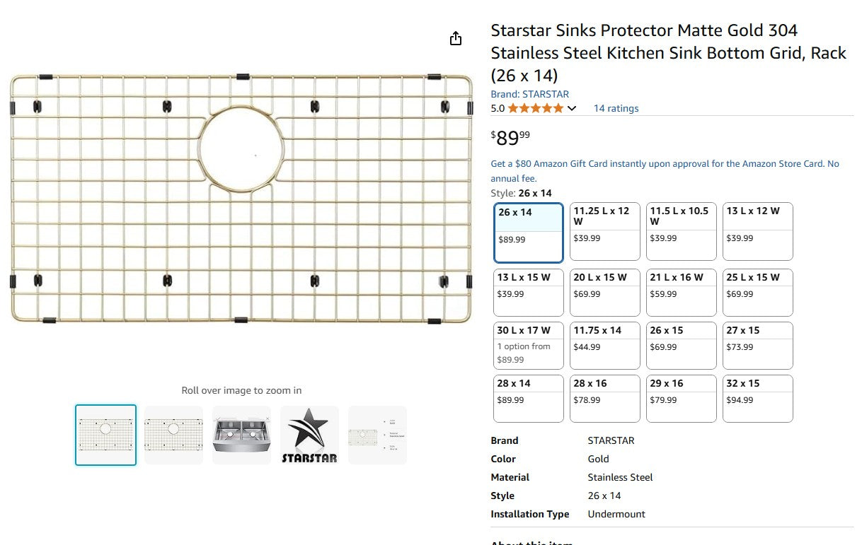 Starstar Sinks Protector Matte Gold 304 Stainless Steel Kitchen Sink Bottom Grid, Rack (26 x 14)