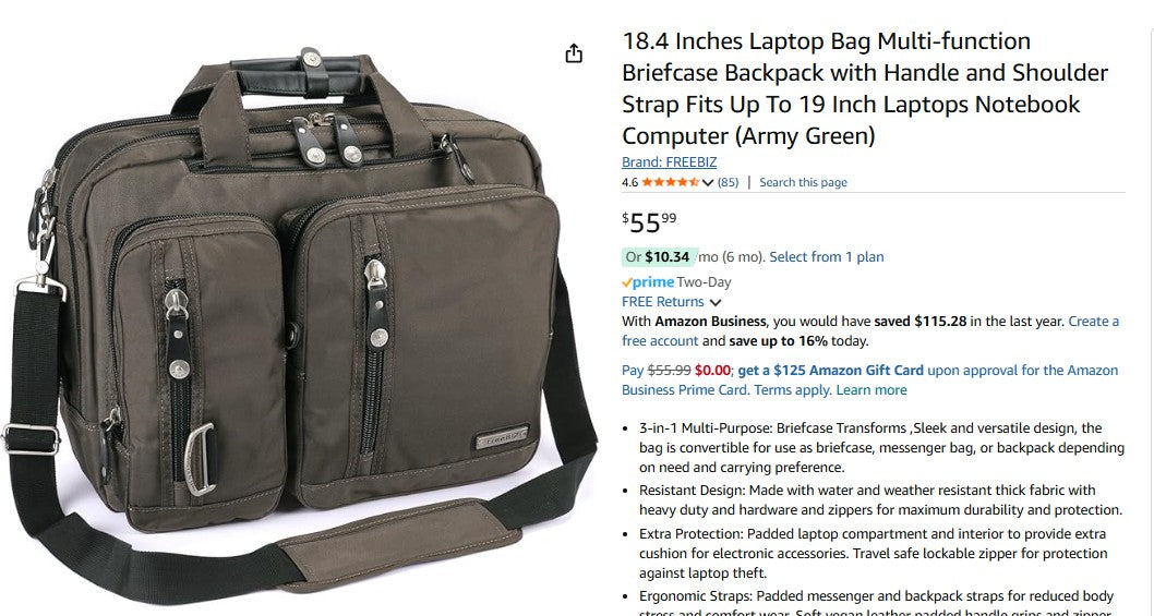 18.4 Inches Laptop Bag Multi-function Briefcase Backpack with Handle (Army Green)