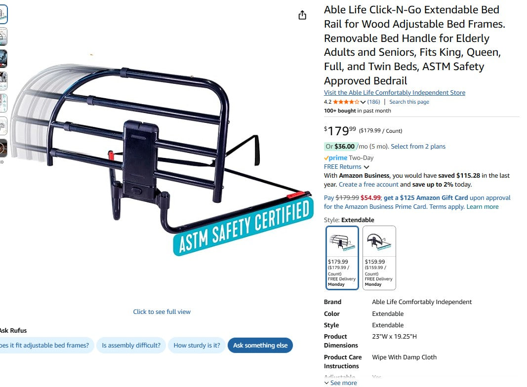 Able Life Click-N-Go Extendable Bed Rail for Wood Adjustable Bed Frames.