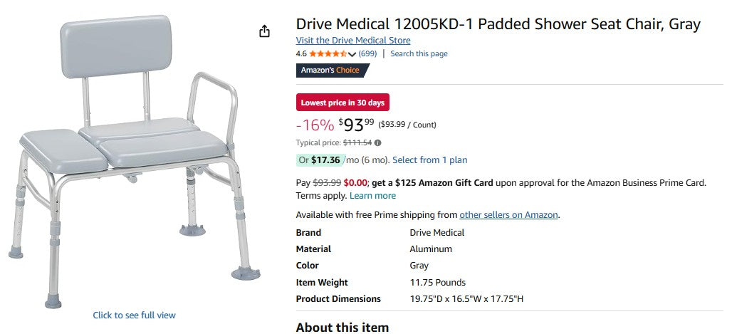 Drive Medical 12005KD-1 Padded Shower Seat Chair, Gray