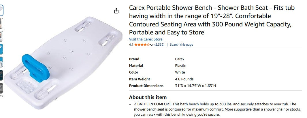 Carex Portable Shower Bench - Shower Bath Seat - Fits tub of 19"-28".