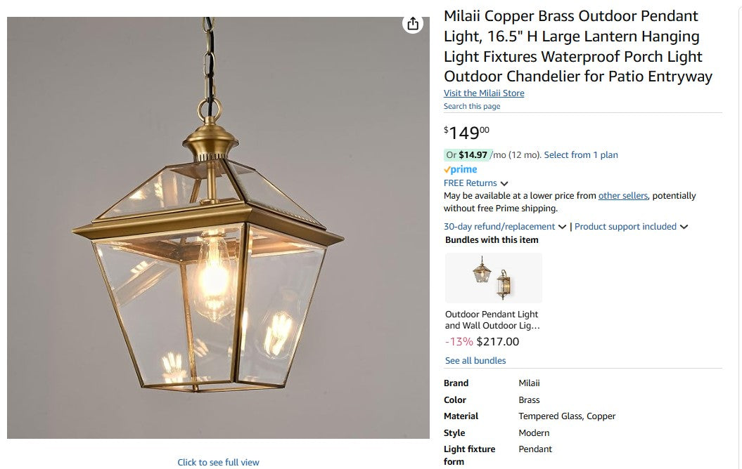 Milaii Copper Brass Outdoor Pendant Light, 16.5" H Large Lantern Hanging Light
