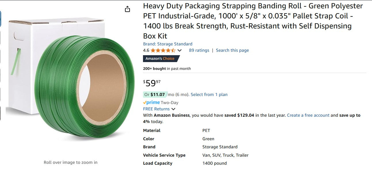 Heavy Duty Packaging Strapping Banding Roll - Green Polyester, 1000' x 5/8" x 0.035"