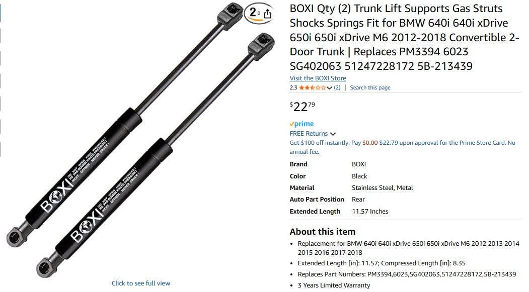 BOXI Qty (2) Trunk Lift Supports Gas Struts Shocks Springs Fit for BMW 640i