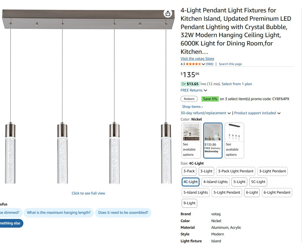 4-Light Pendant Light Fixtures for Kitchen Island, Updated Premium LED Pendant