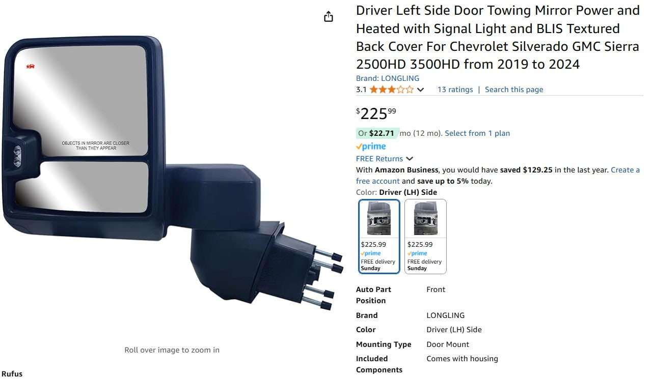 Driver Left Side Door Towing Mirror Power and Heated with Signal Light