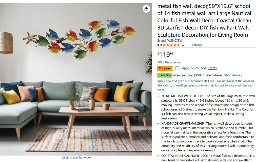 metal fish wall decor,59''X19.6'' school of 14 fish metal wall art