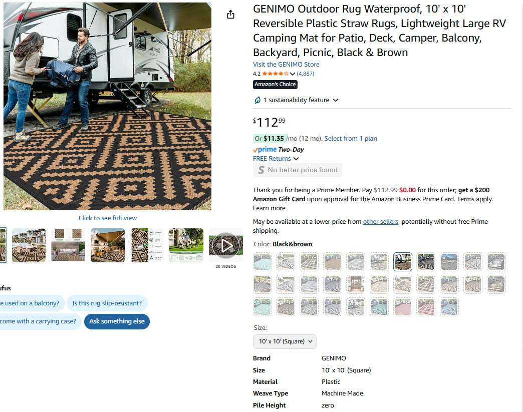 GENIMO Outdoor Rug Waterproof, 10' x 10' Reversible Plastic Straw Rugs