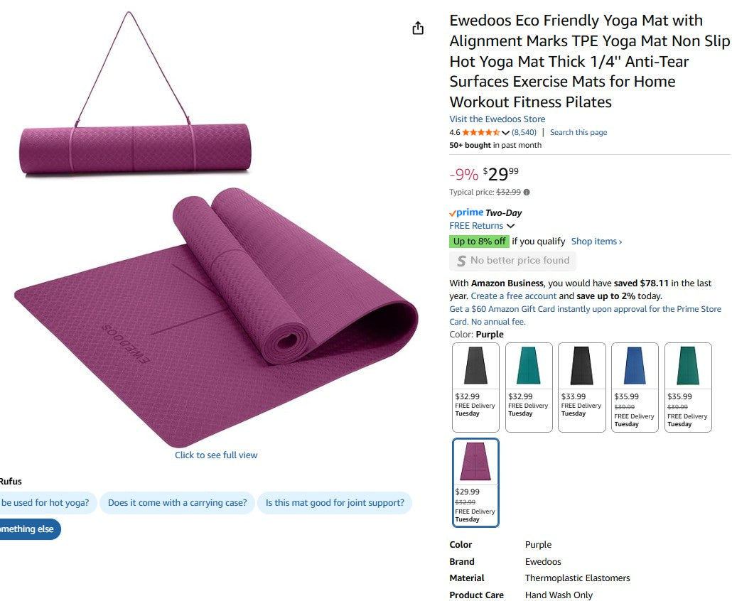 Ewedoos Eco Friendly Yoga Mat with Alignment Marks TPE Yoga Mat Non Slip Hot Yoga Mat Thick 1/4''