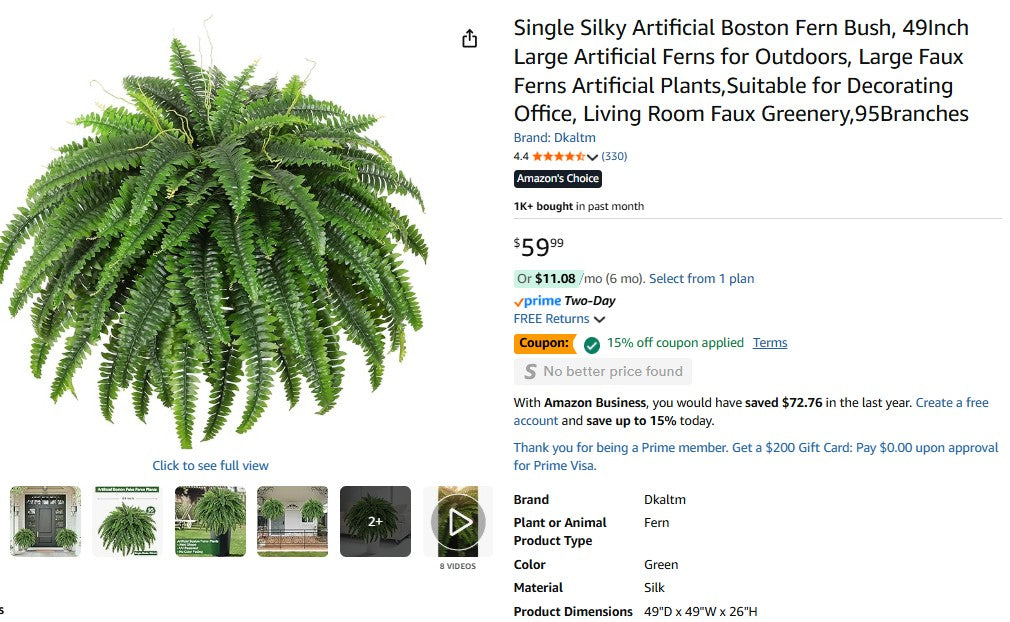 Single Silky Artificial Boston Fern Bush, 49Inch Large Artificial Ferns for Outdoors, Large Faux Ferns