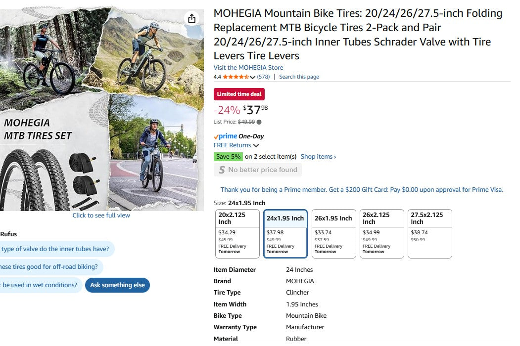 MOHEGIA Mountain Bike Tires: 20/24/26/27.5-inch Folding Replacement MTB Bicycle Tires 2-Pack