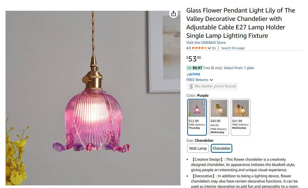 Glass Flower Pendant Light Lily of The Valley Decorative Chandelier with Adjustable Cable